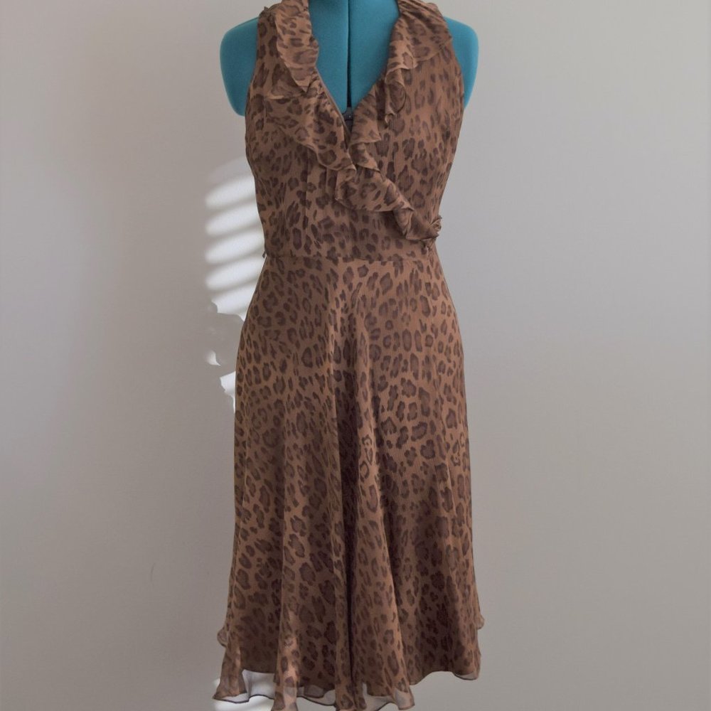 Vintage 100% Silk Ralph Lauren Leopard Print Wrap Dress Sleeveless V-Neck